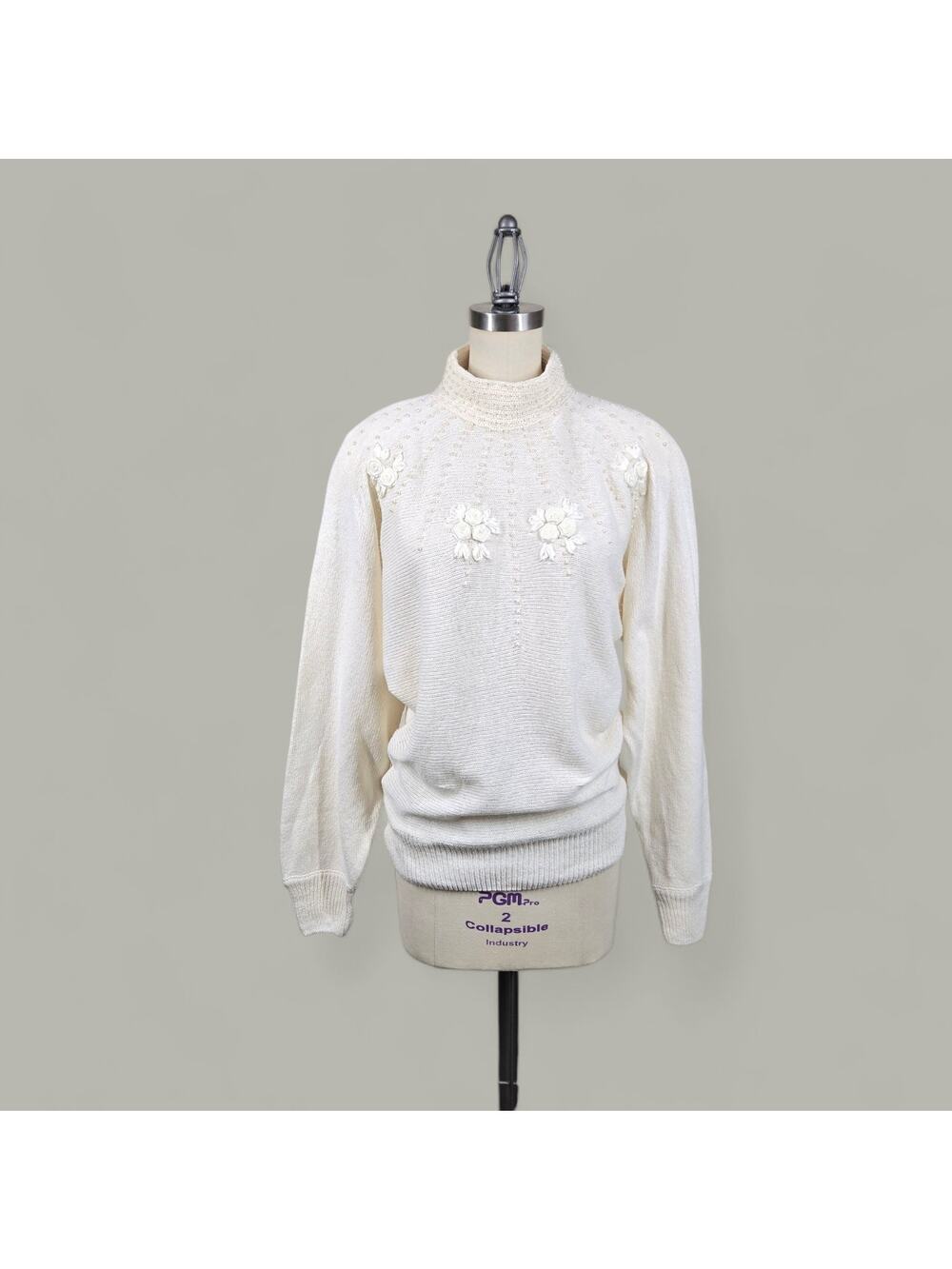 Vintage 80s Avon Fashions Sweater M Ivory Silk Angora Pearl Beaded Floral